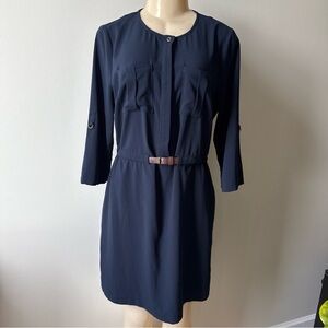 Skies Are Blue Delaine Women Shirt Dress Size M Navy Utility Minimalist Belted